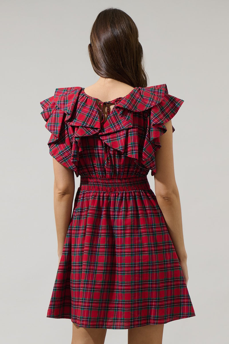 Red Plaid Ruffle Sleeve Wilma Mini Dress