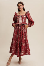 Crimson Floral Square Neck Corset Maxi Dress