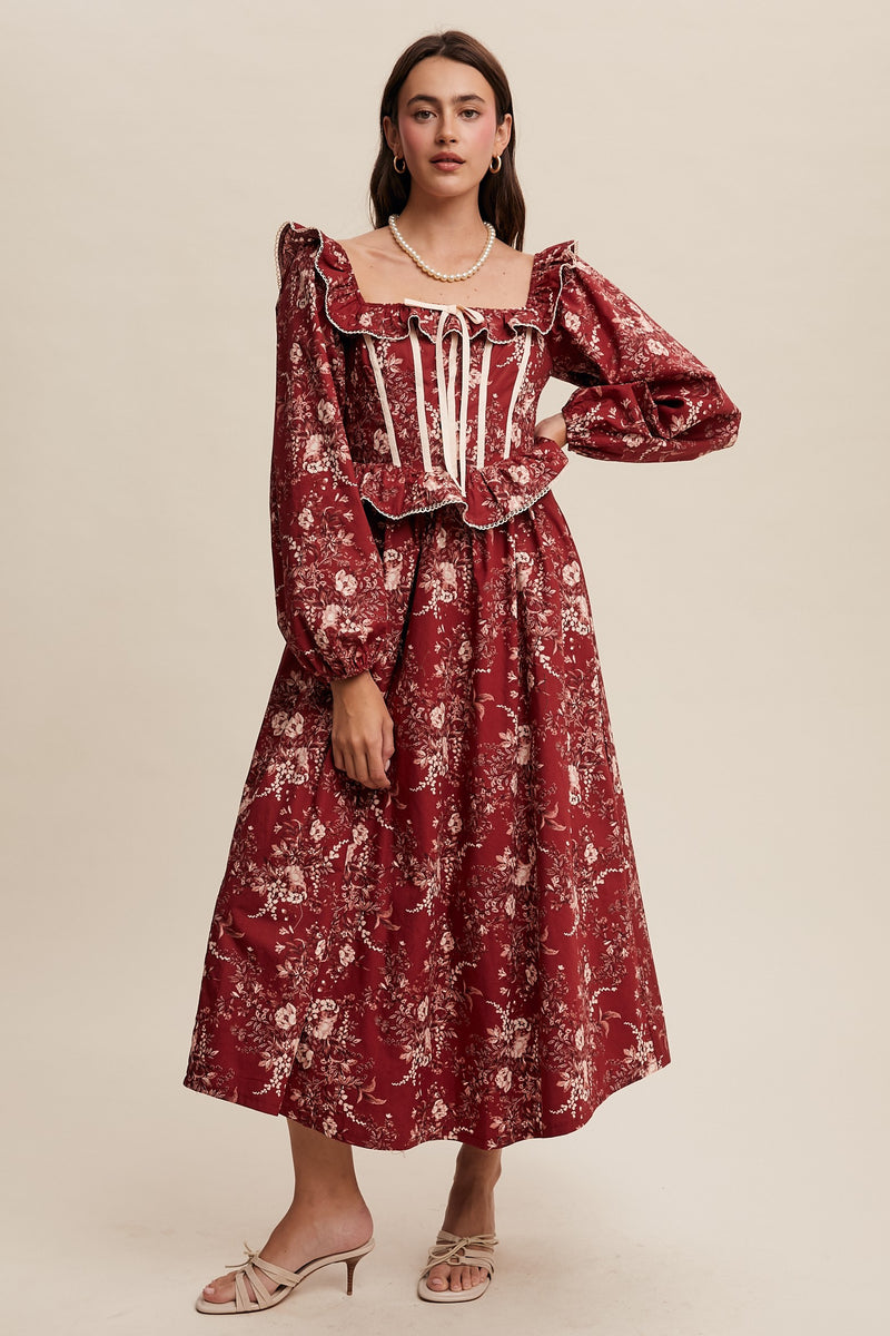 Crimson Floral Square Neck Corset Maxi Dress