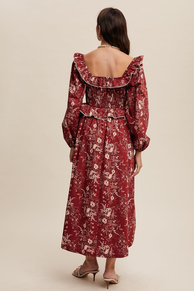 Crimson Floral Square Neck Corset Maxi Dress