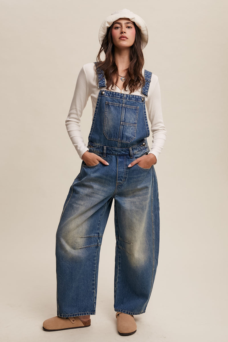 Barrel Leg Denim Overalls
