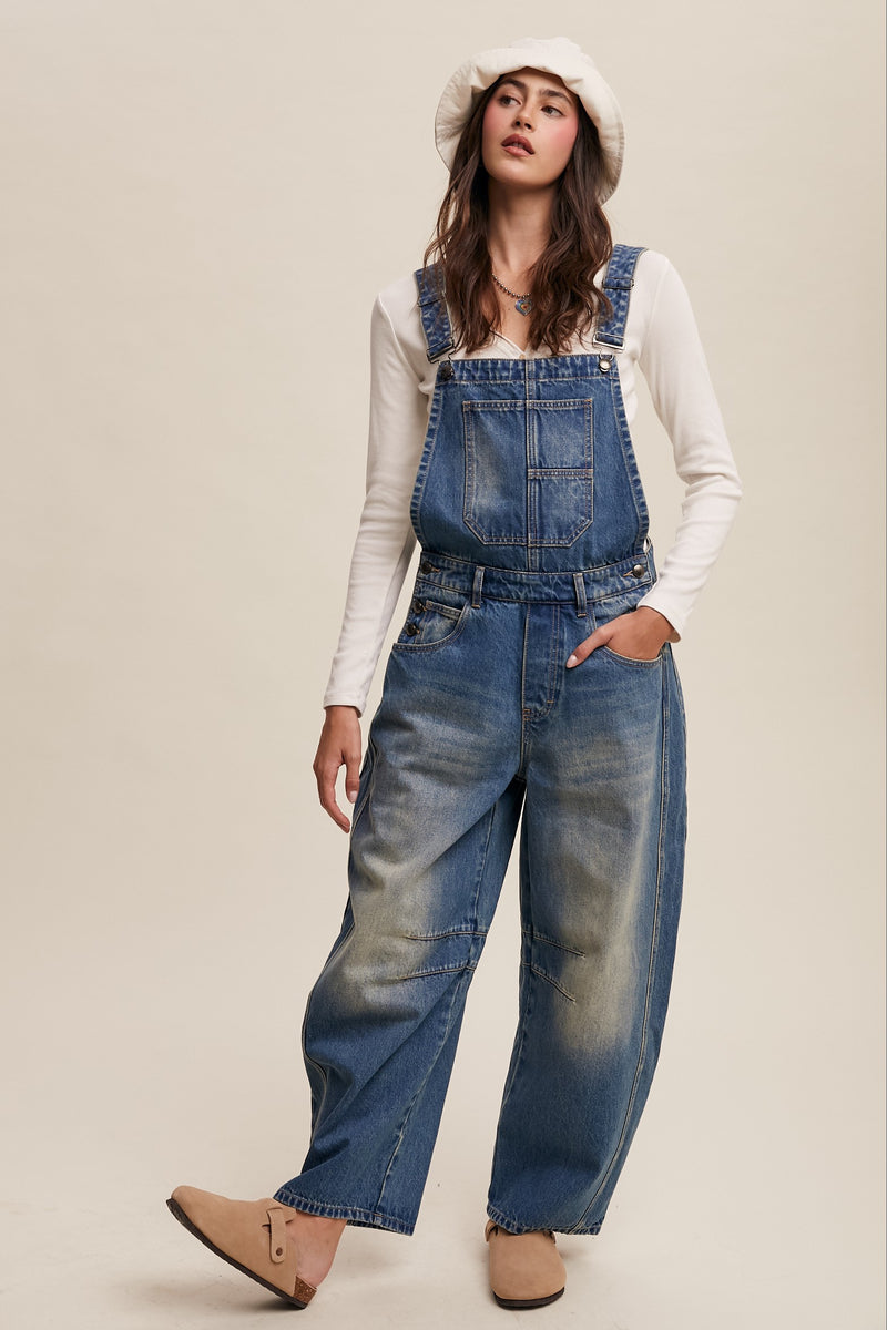 Barrel Leg Denim Overalls
