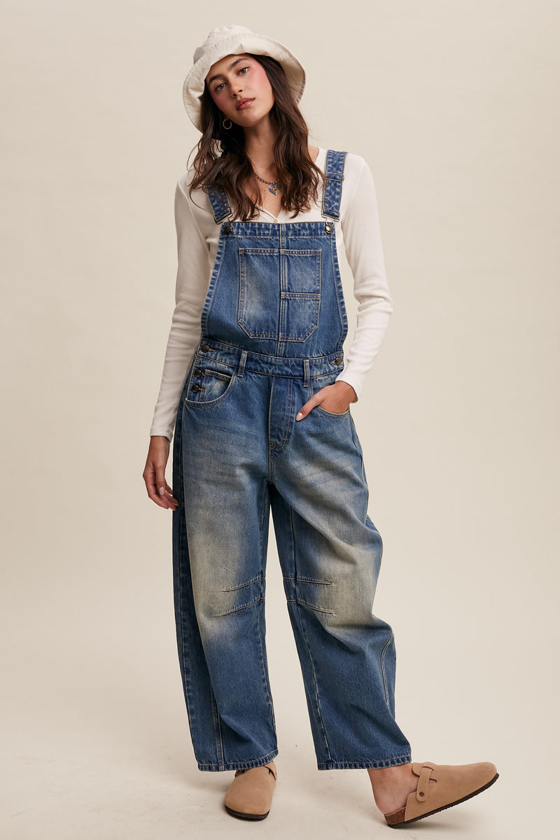 Barrel Leg Denim Overalls