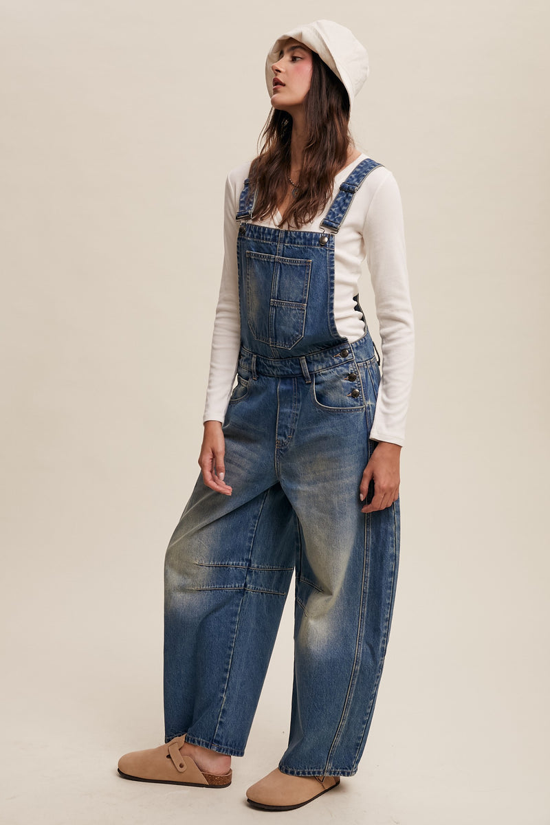 Barrel Leg Denim Overalls