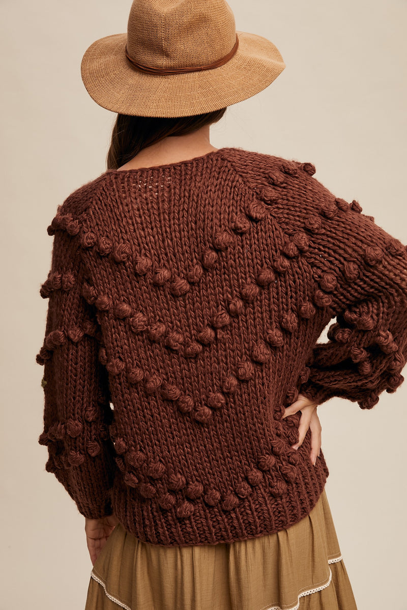 Brown Embroidered and Tufted Dot Cable Knit Cardigan