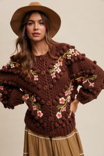 Brown Embroidered and Tufted Dot Cable Knit Cardigan