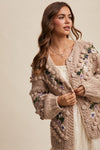 Tan Embroidered and Tufted Dot Cable Knit Cardigan