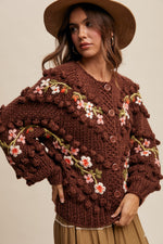 Brown Embroidered and Tufted Dot Cable Knit Cardigan