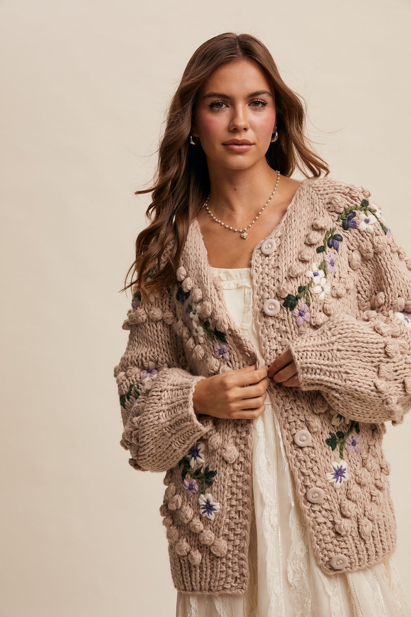 Tan Embroidered and Tufted Dot Cable Knit Cardigan