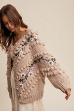 Tan Embroidered and Tufted Dot Cable Knit Cardigan