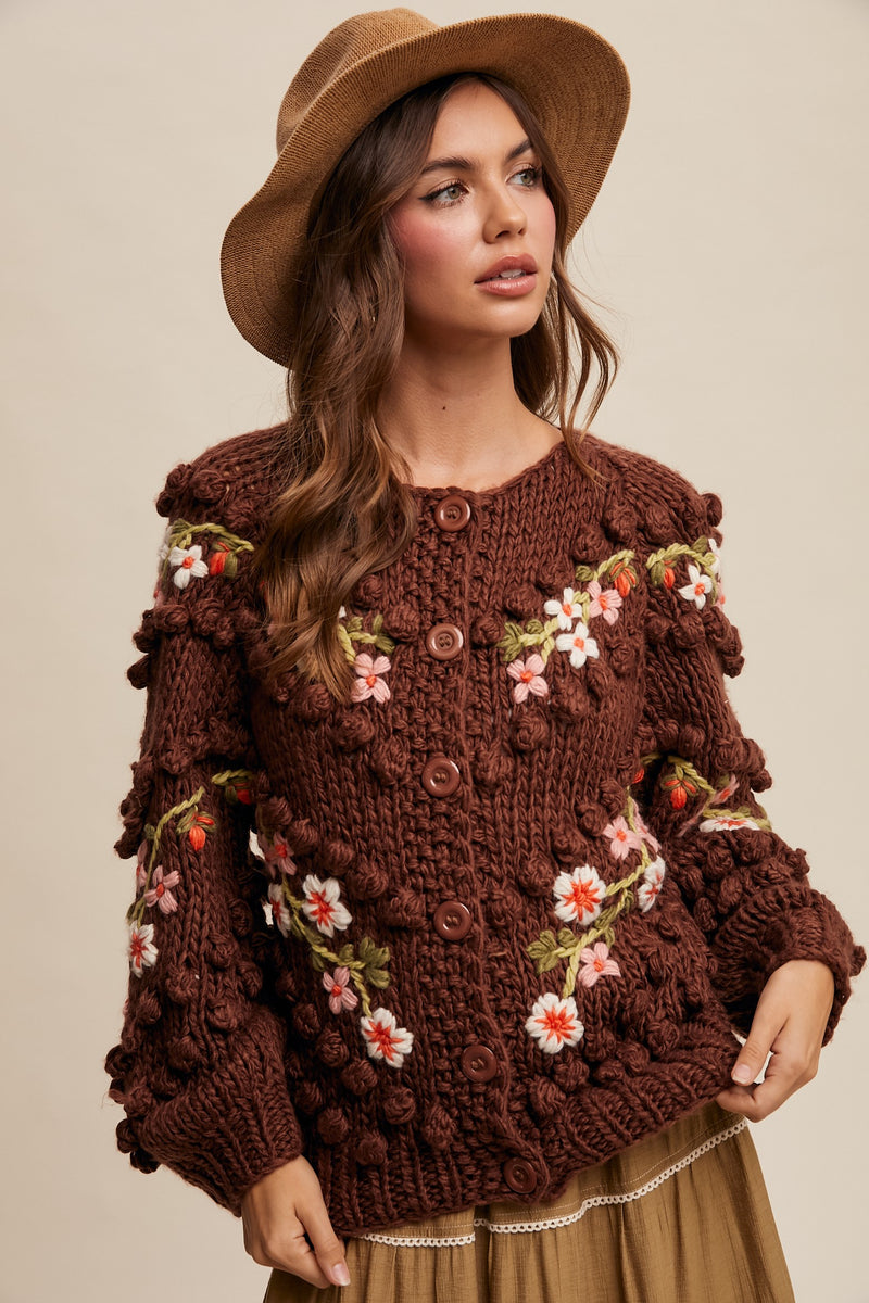 Brown Embroidered and Tufted Dot Cable Knit Cardigan