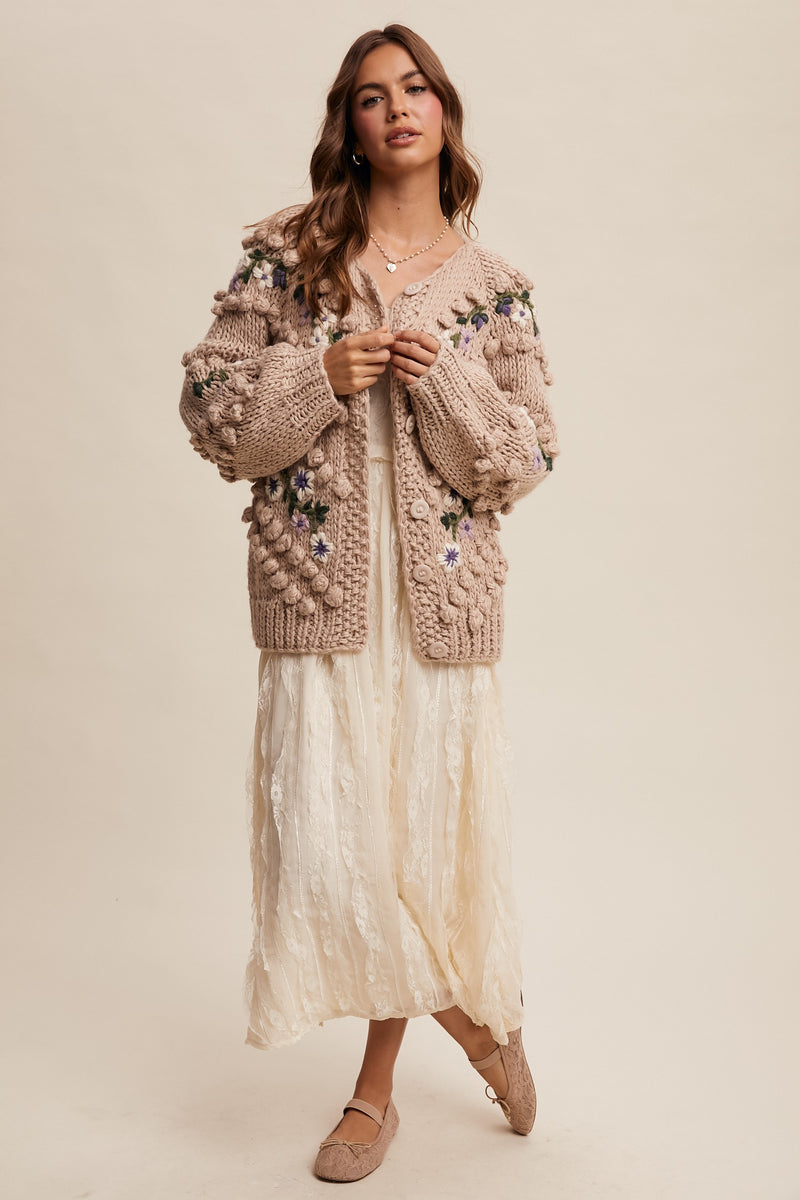 Tan Embroidered and Tufted Dot Cable Knit Cardigan