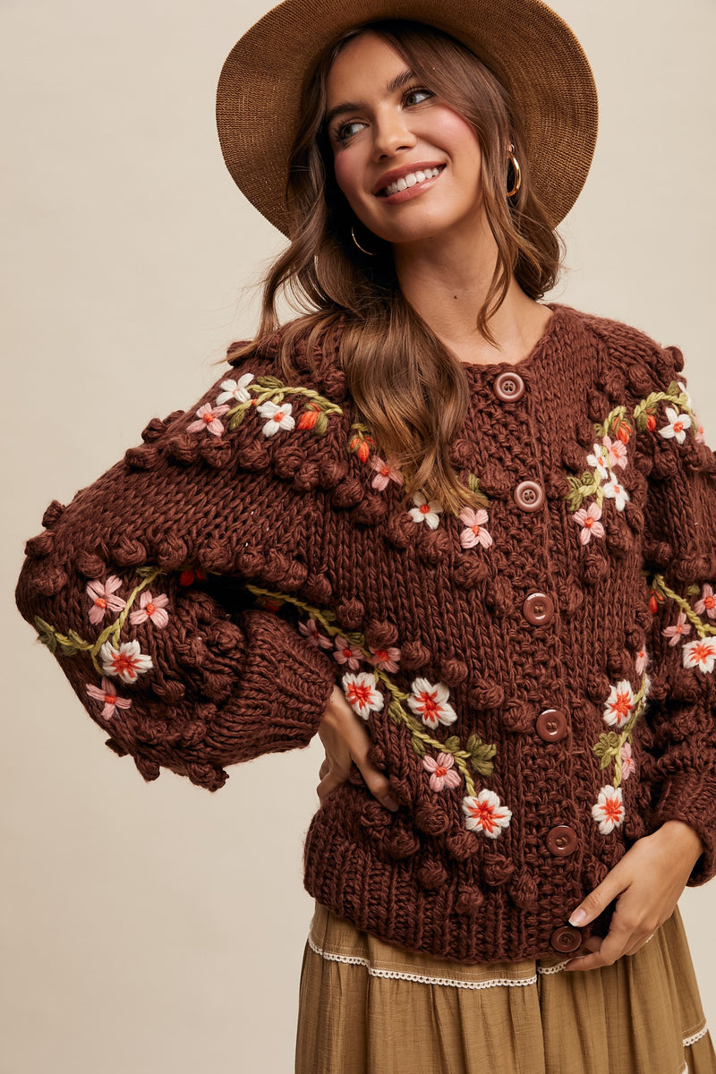 Brown Embroidered and Tufted Dot Cable Knit Cardigan