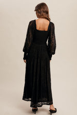 Black Lace Square Neck Smocked Maxi Dress