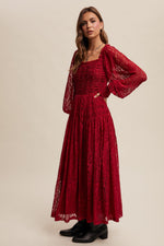 Oxblood Lace Square Neck Smocked Maxi Dress