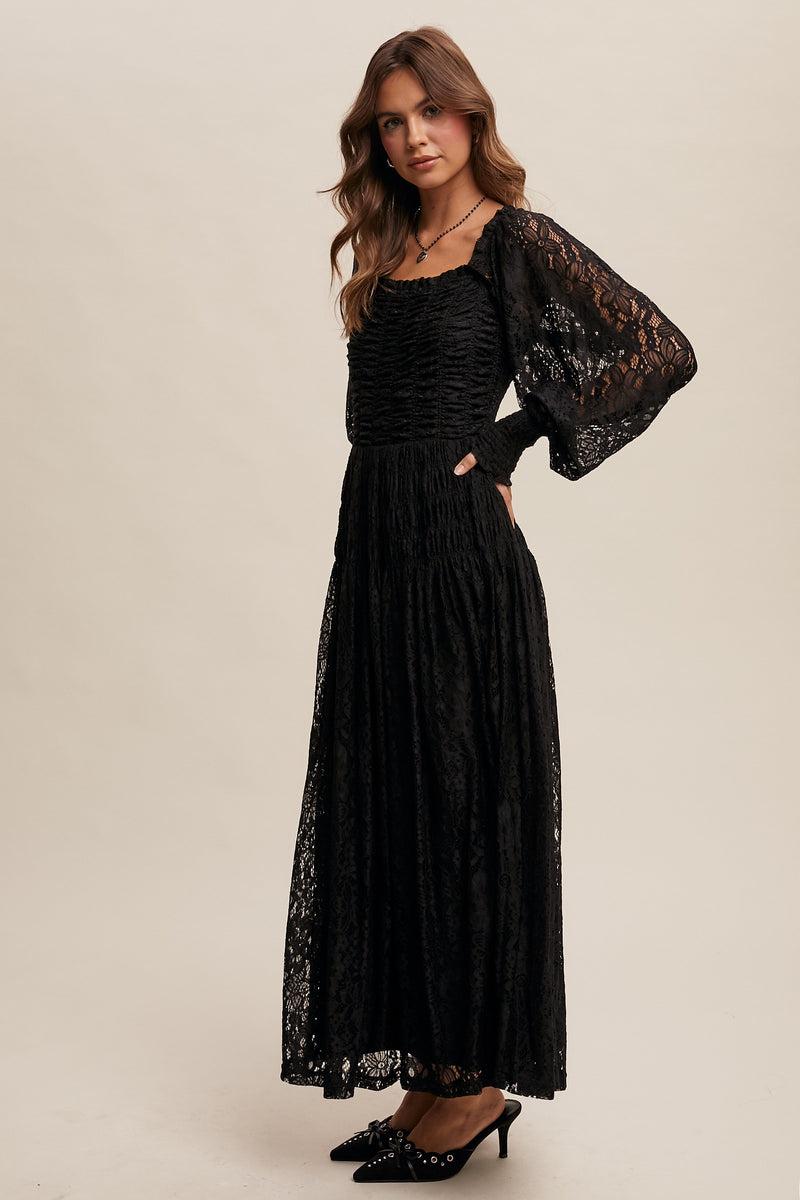 Black Lace Square Neck Smocked Maxi Dress