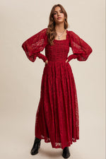 Oxblood Lace Square Neck Smocked Maxi Dress