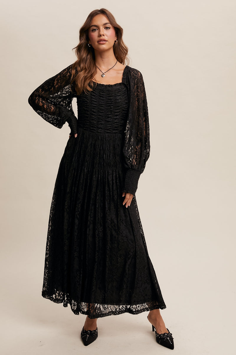 Black Lace Square Neck Smocked Maxi Dress