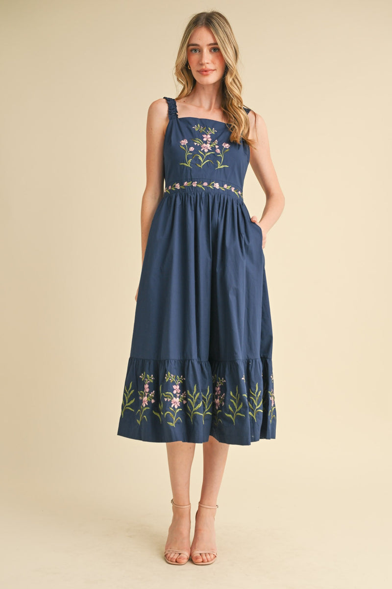 Navy Embroidered Midi Dress