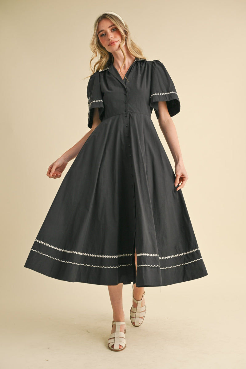 Black Embroidered Midi Dress with Wide Short Sleeves