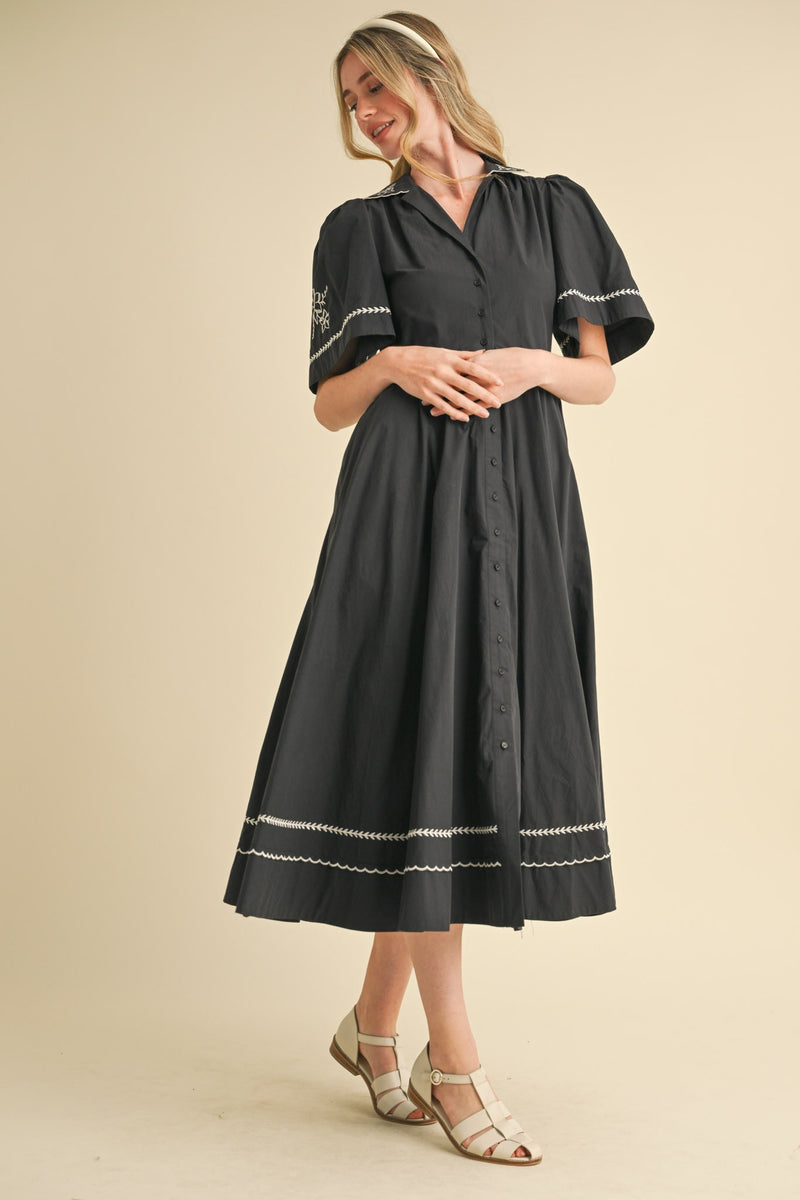 Black Embroidered Midi Dress with Wide Short Sleeves