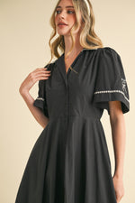 Black Embroidered Midi Dress with Wide Short Sleeves