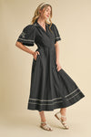 Black Embroidered Midi Dress with Wide Short Sleeves