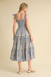 Denim Blue Smocked Floral Midi Dress