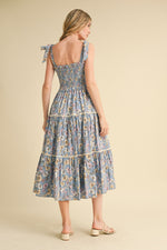 Denim Blue Smocked Floral Midi Dress