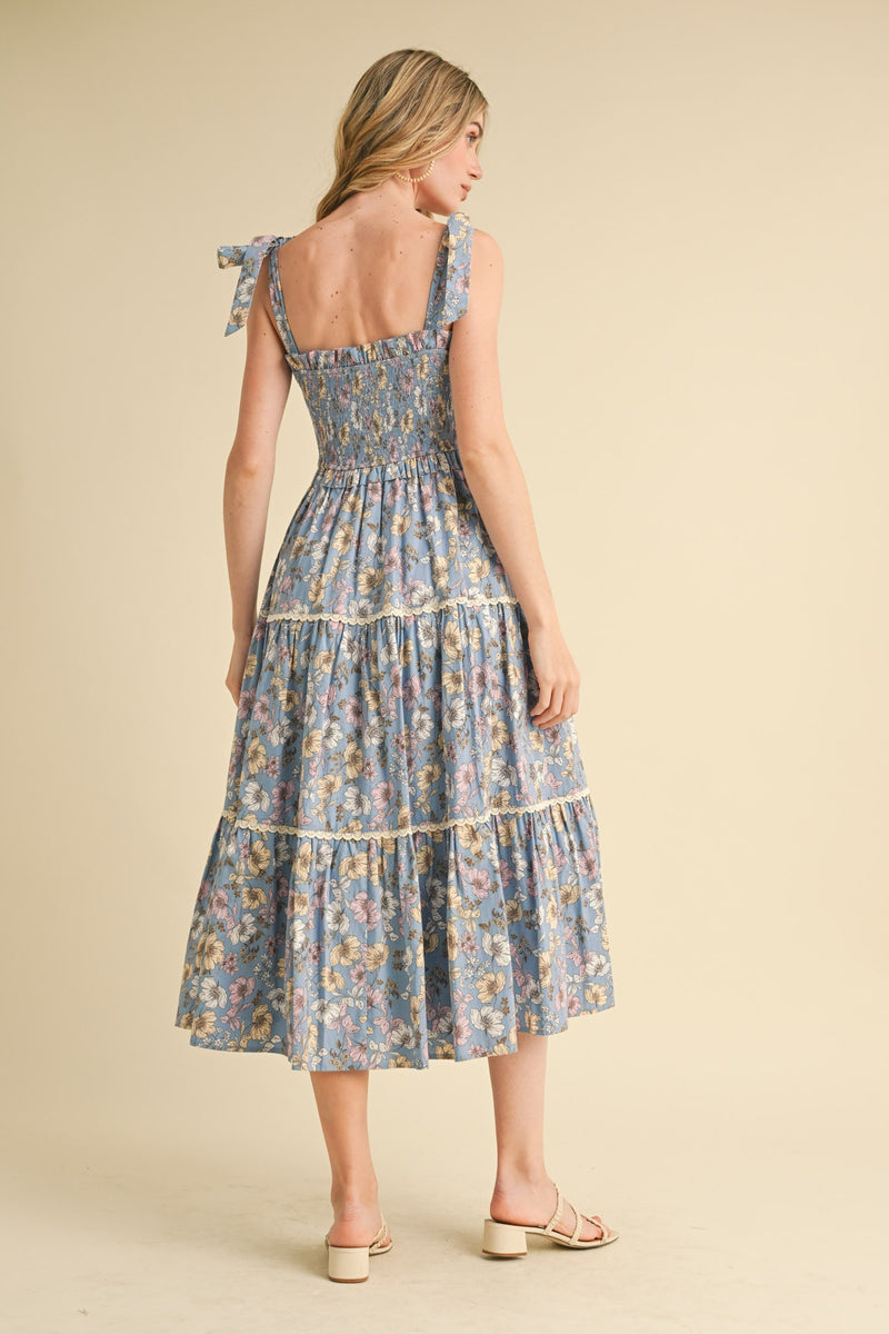 Denim Blue Smocked Floral Midi Dress Medium Denim Blue Smocked Floral Midi Dress Medium