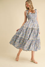 Denim Blue Smocked Floral Midi Dress