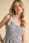 Denim Blue Smocked Floral Midi Dress