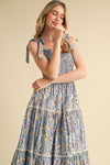 Denim Blue Smocked Floral Midi Dress