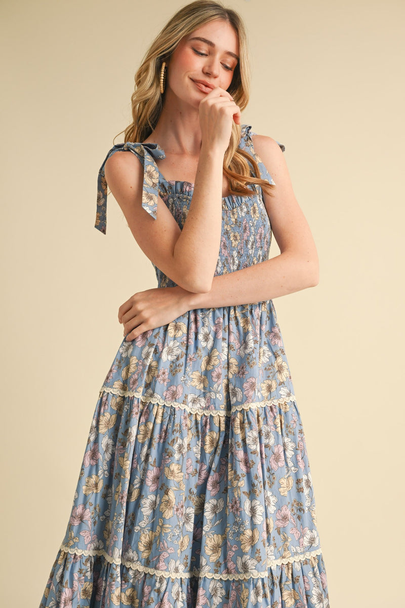 Denim Blue Smocked Floral Midi Dress