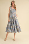 Denim Blue Smocked Floral Midi Dress