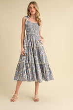 Denim Blue Smocked Floral Midi Dress