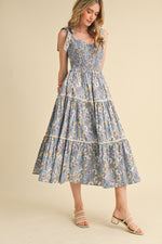 Denim Blue Smocked Floral Midi Dress