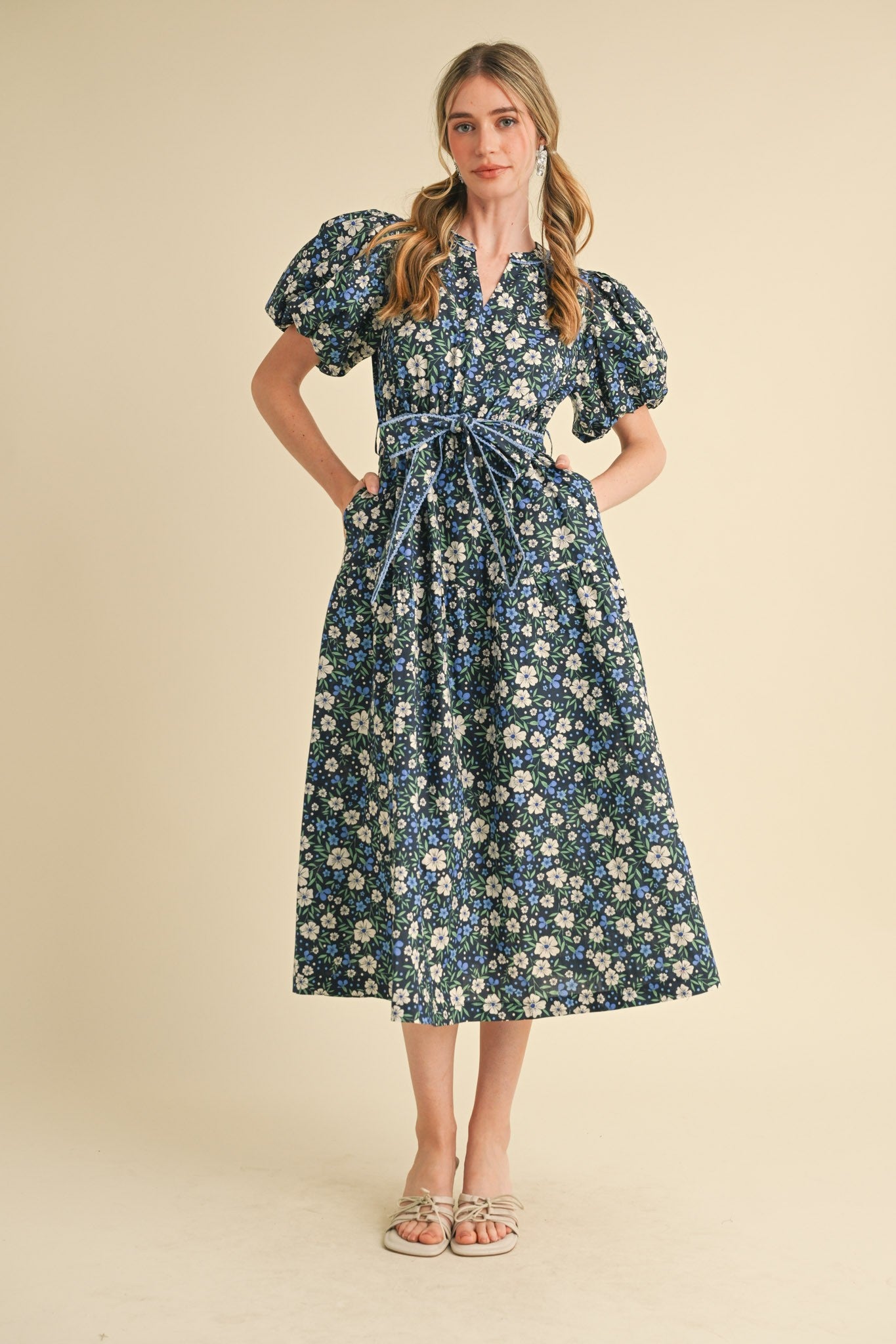 Navy Floral Puff Sleeve Midi Dress – Modern Millie Navy Floral Puff Sleeve Midi Dress – Modern Millie