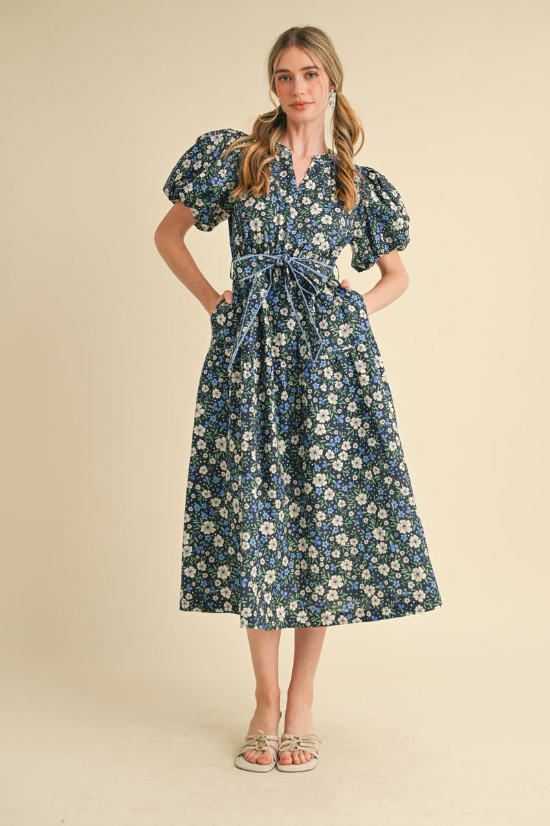 Navy Floral Puff Sleeve Midi Dress Modern Millie Navy Floral Puff Sleeve Midi Dress Modern Millie