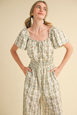 Puff Sleeve Blue and Brown Floral Jumpsuit