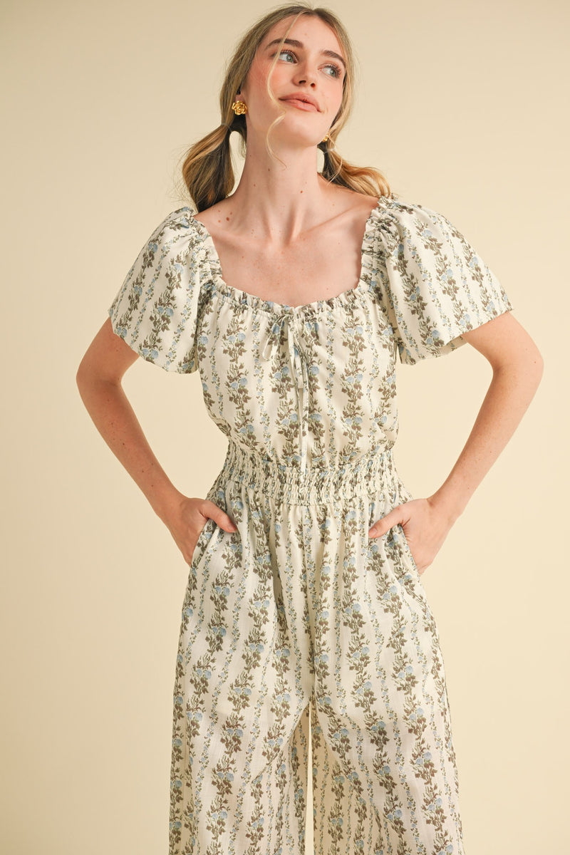 Puff Sleeve Blue and Brown Floral Jumpsuit