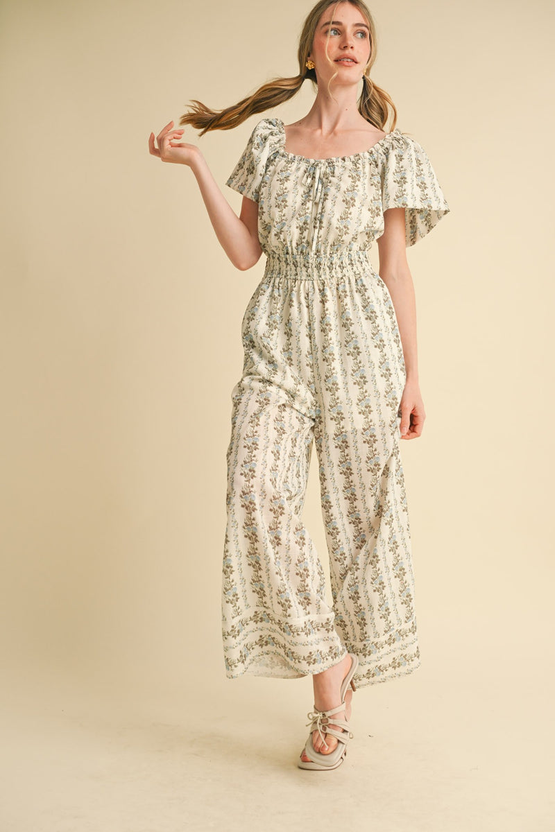 Puff Sleeve Blue and Brown Floral Jumpsuit