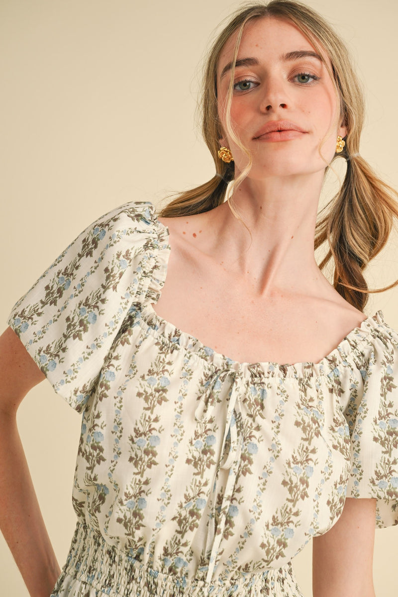 Puff Sleeve Blue and Brown Floral Jumpsuit