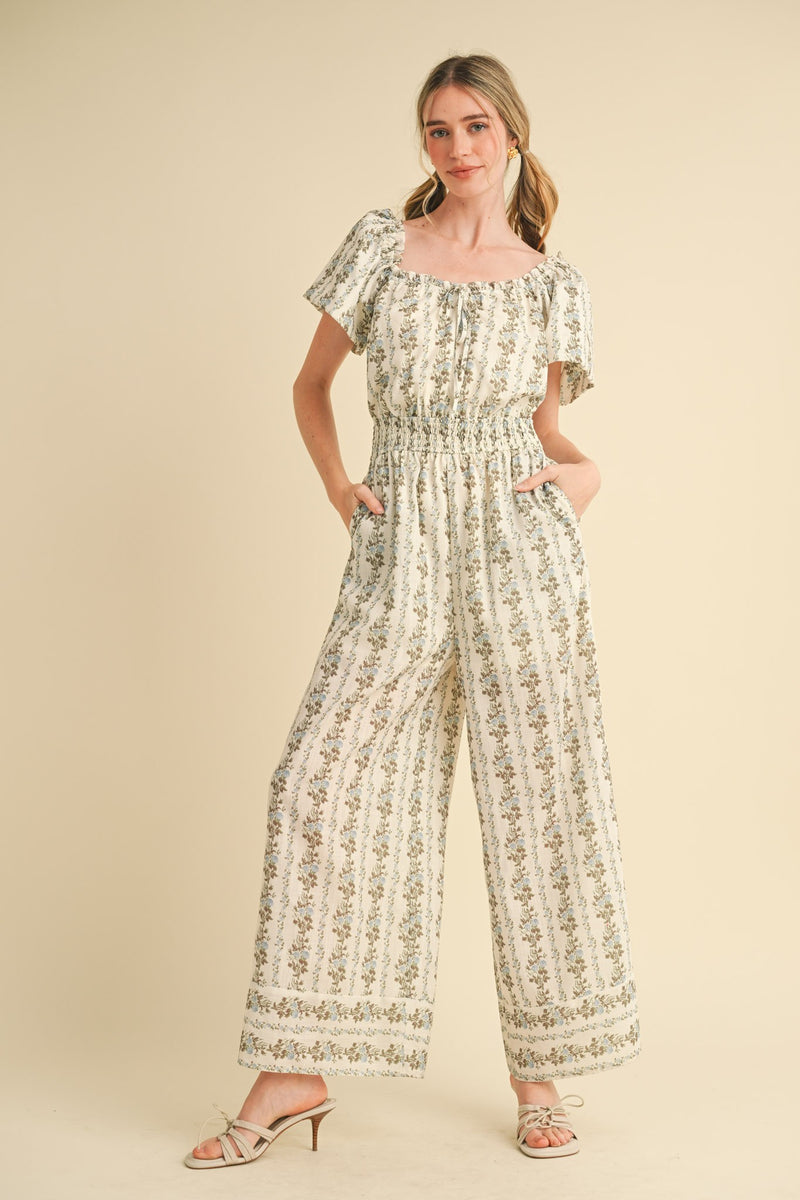 Puff Sleeve Blue and Brown Floral Jumpsuit