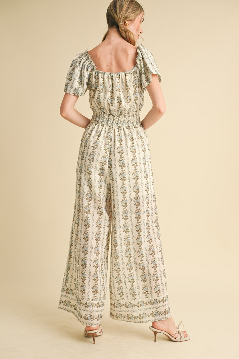 Puff Sleeve Blue and Brown Floral Jumpsuit
