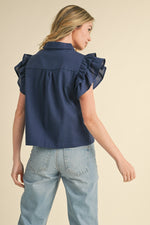 Navy Cut-Out Embroidered Button Down Top