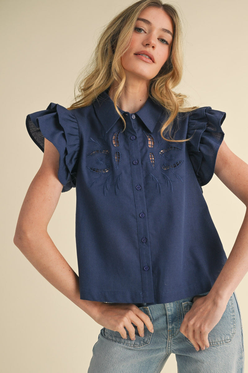 Navy Cut-Out Embroidered Button Down Top