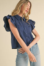 Navy Cut-Out Embroidered Button Down Top