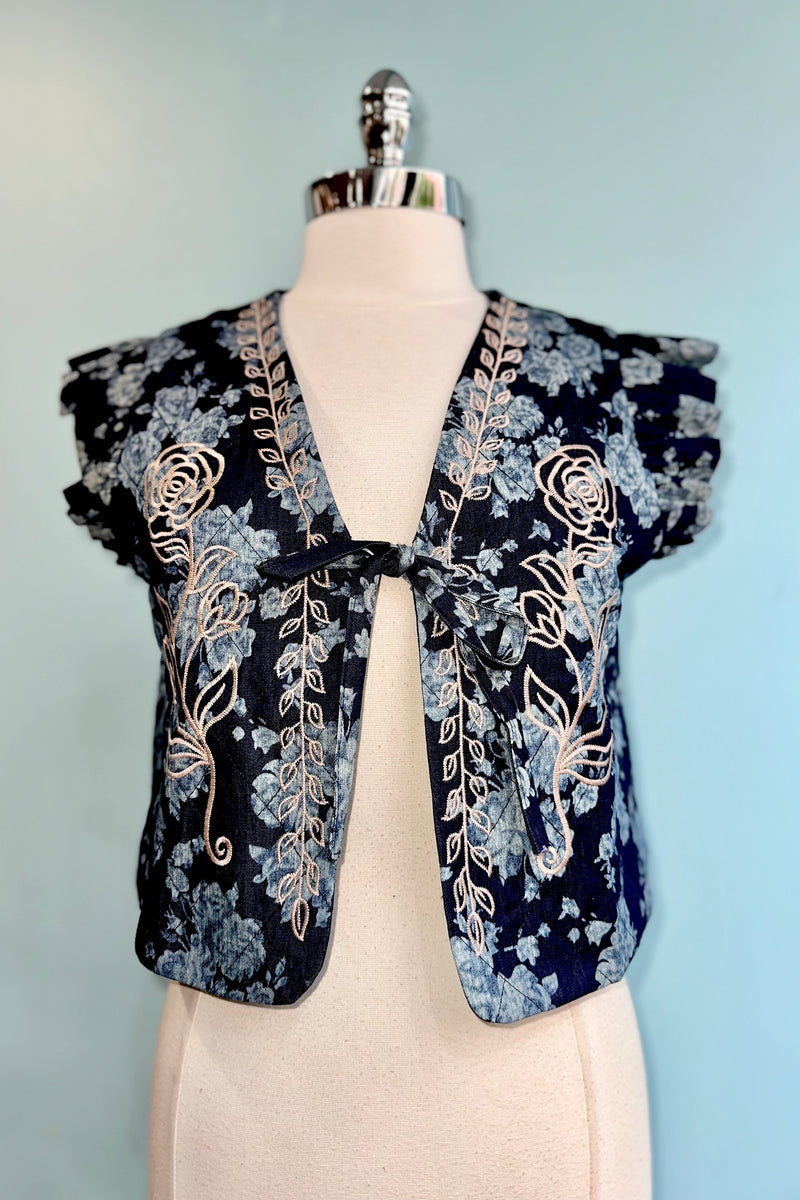 Floral Denim Quilted Tie Front Vest