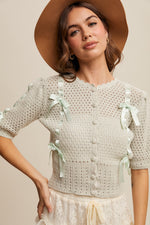 Mint Puff Sleeve Cardigan with Satin Bows
